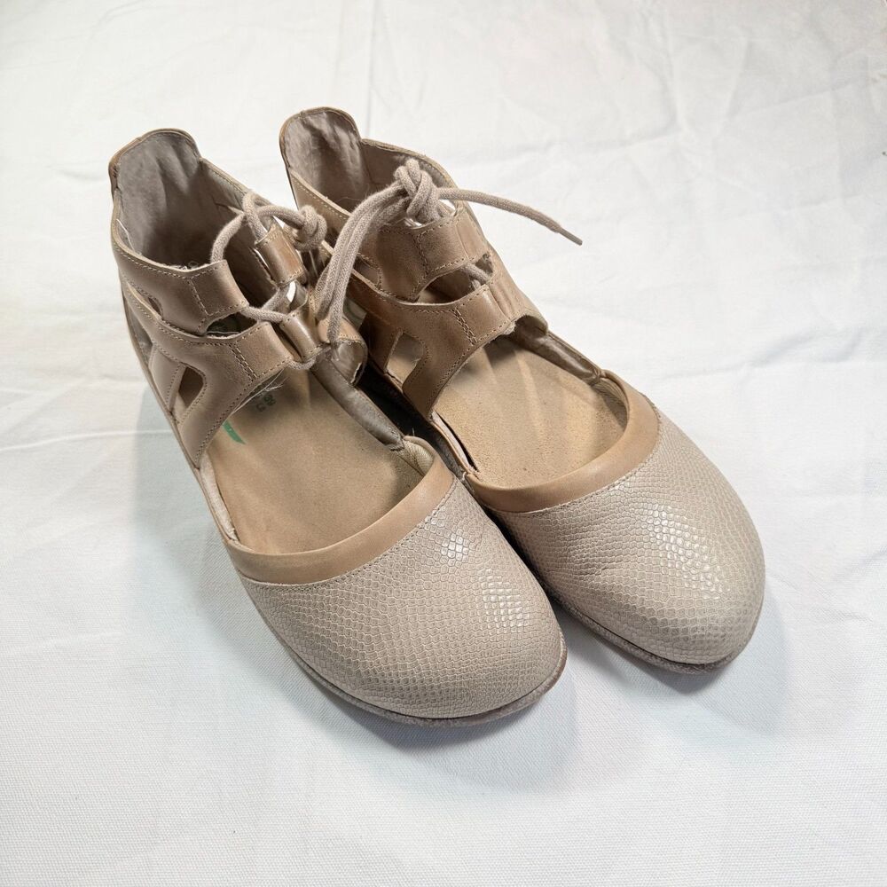NAOT Beige Leather Textured Snake Print Lace Up Gladiator Flat Sandals